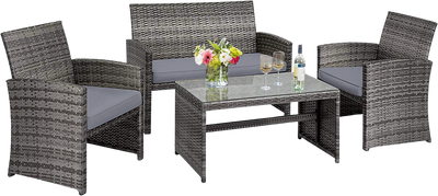 Costway Patio Furniture Set Gray Rattan 4 Piece Weather Resistant Cushions Tempered Glass Tabletop New