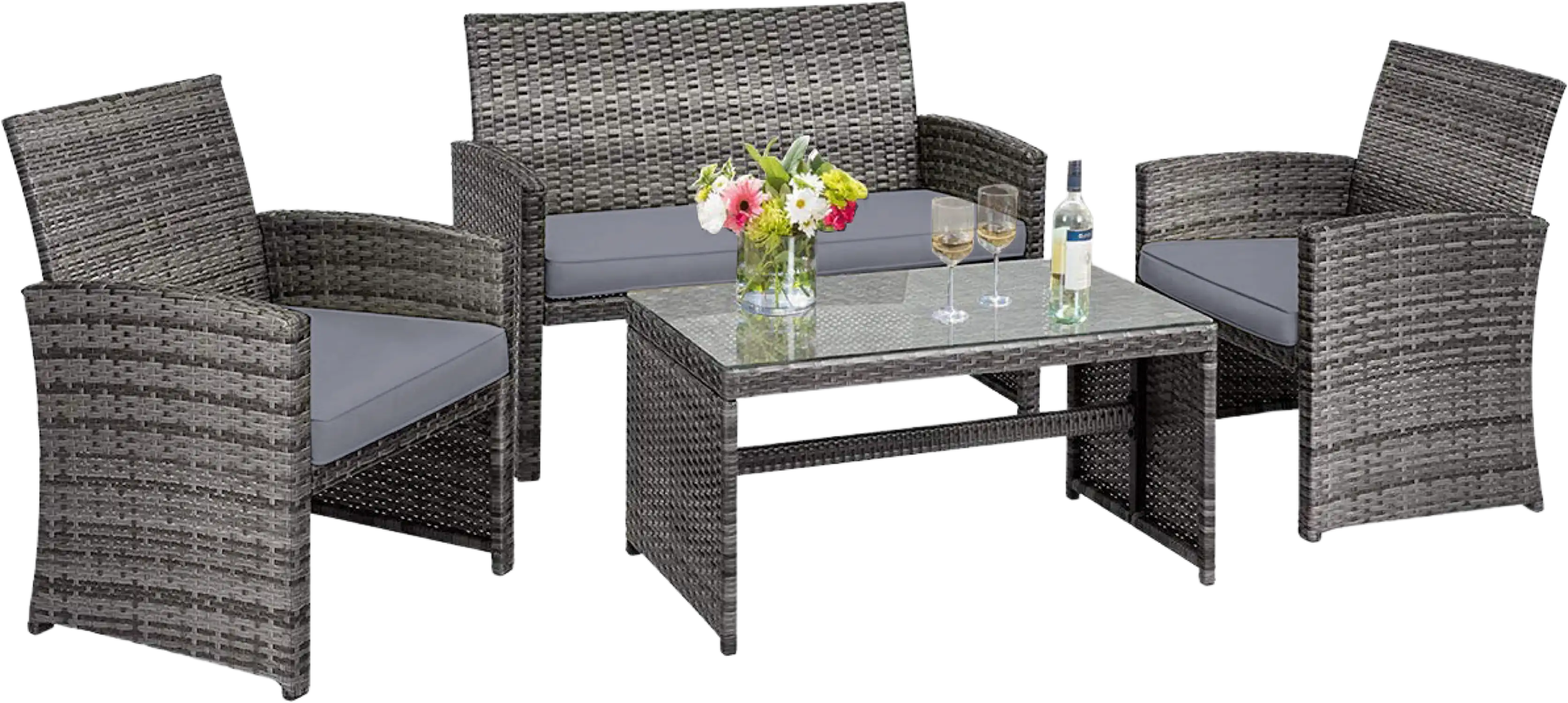 Costway Patio Furniture Set Gray Rattan 4 Piece Weather Resistant Cushions Tempered Glass Tabletop 13890462 New