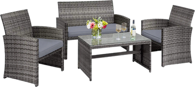 Costway Patio Furniture Set Gray Rattan 4 Piece Weather Resistant Cushions Tempered Glass Tabletop 13890462 New