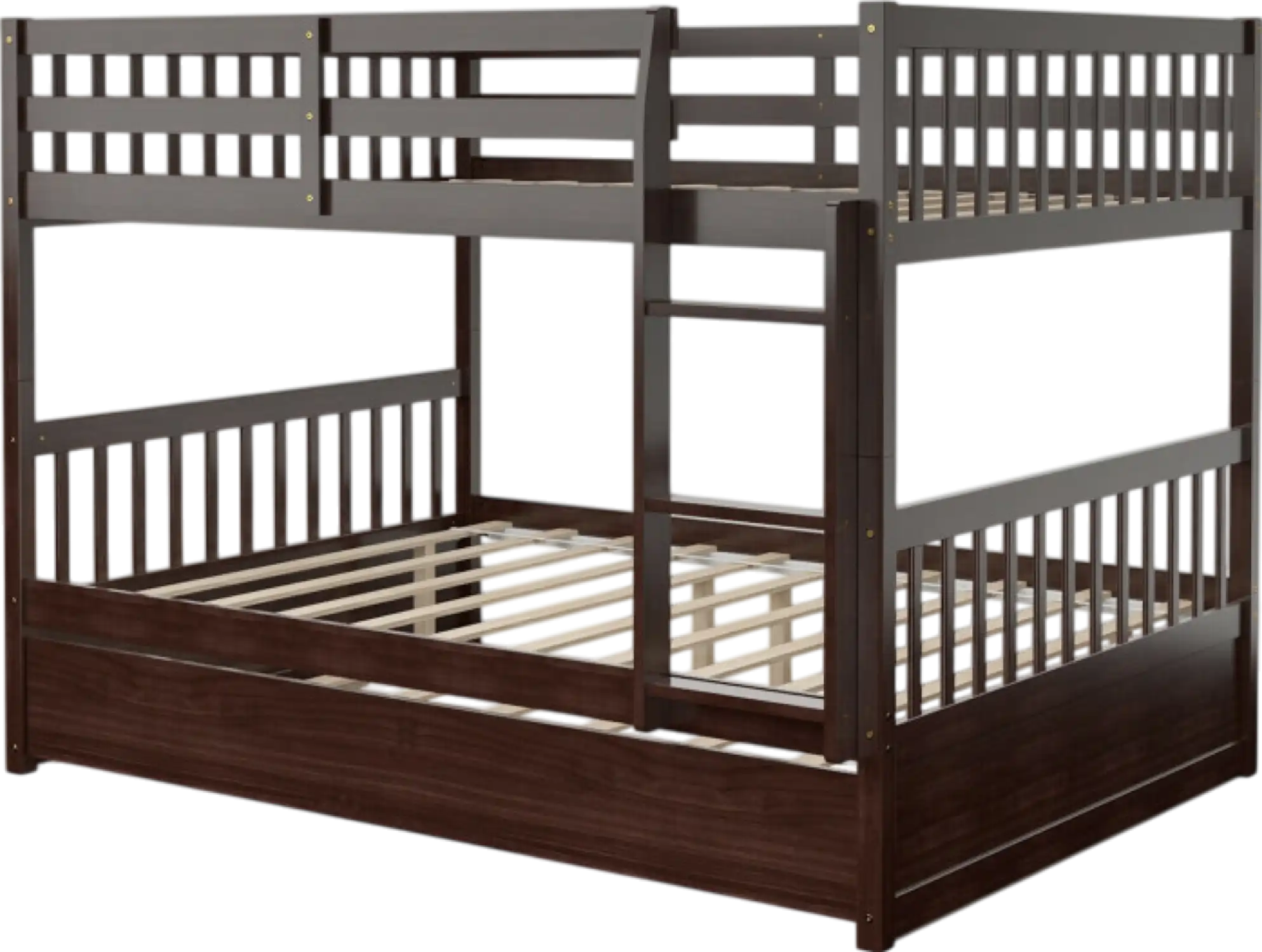 Costway Bed Frame Full Over Full Wooden Bunk Bed with Trundle Ladder and Guardrails New