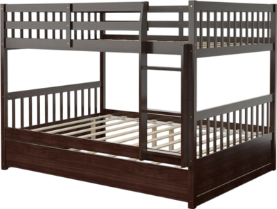 Costway Bed Frame Full Over Full Wooden Bunk Bed with Trundle Ladder and Guardrails New