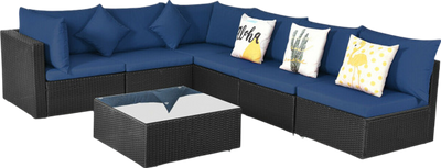 Costway Patio Furniture Set 7 Piece Rattan Sectional with Tempered Glass Top Coffee Table Black New