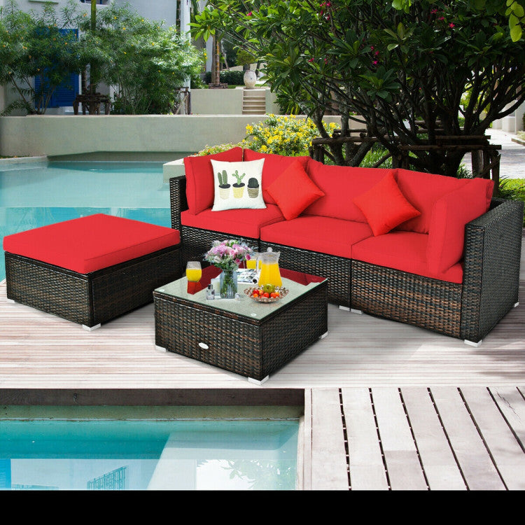 Costway Patio Furniture 5 PCS Rattan Sectional Set with Cushions Ottoman and Coffee Table New