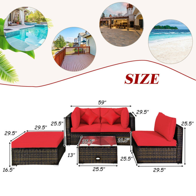 Costway Patio Furniture 5 PCS Rattan Sectional Set with Cushions Ottoman and Coffee Table New