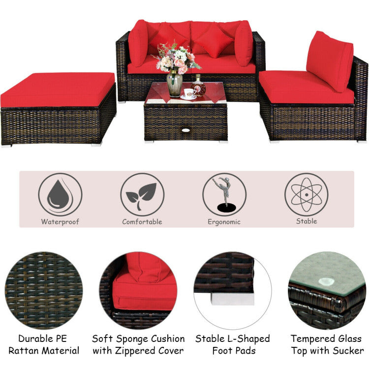 Costway Patio Furniture 5 PCS Rattan Sectional Set with Cushions Ottoman and Coffee Table New