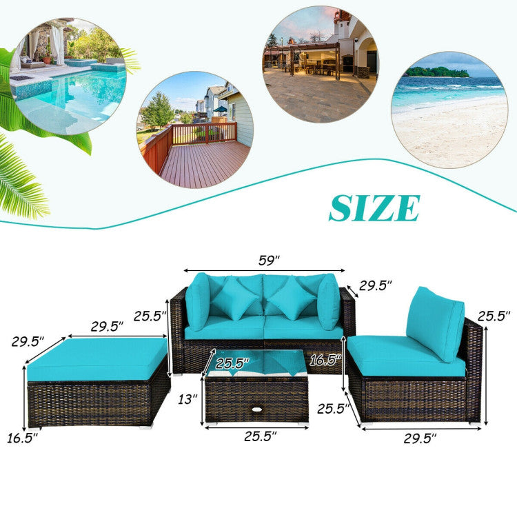 Costway Patio Furniture 5 PCS Rattan Sectional Set with Cushions Ottoman and Coffee Table New