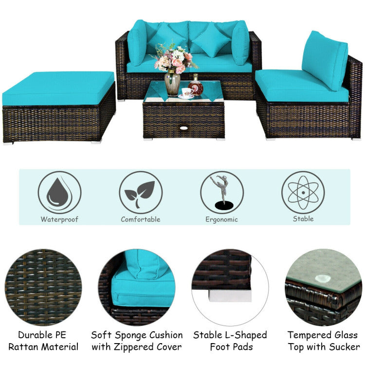 Costway Patio Furniture 5 PCS Rattan Sectional Set with Cushions Ottoman and Coffee Table New