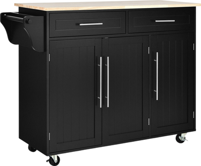 Costway Kitchen Island Cart with Rubberwood Top Adjustable Shelves and Lockable Wheels New