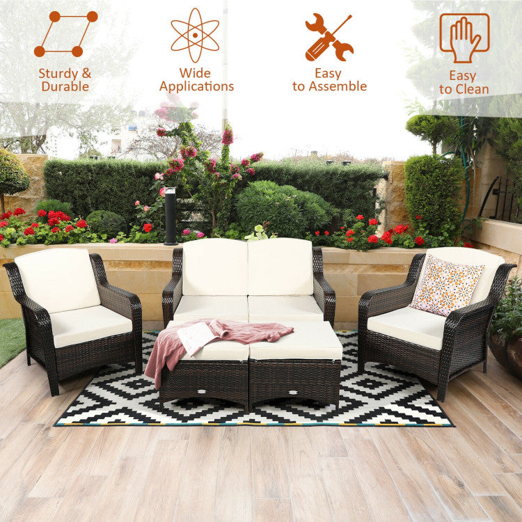 Costway Patio Furniture 5 Piece Rattan Sofa Set with Cushions and Ottoman New