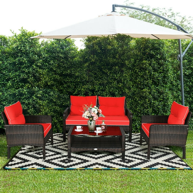 Costway 4 Piece Patio Rattan Furniture Sofa Set Glass Coffee Table New