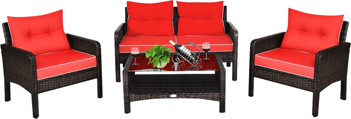 Costway 4 Piece Patio Rattan Furniture Sofa Set Glass Coffee Table New