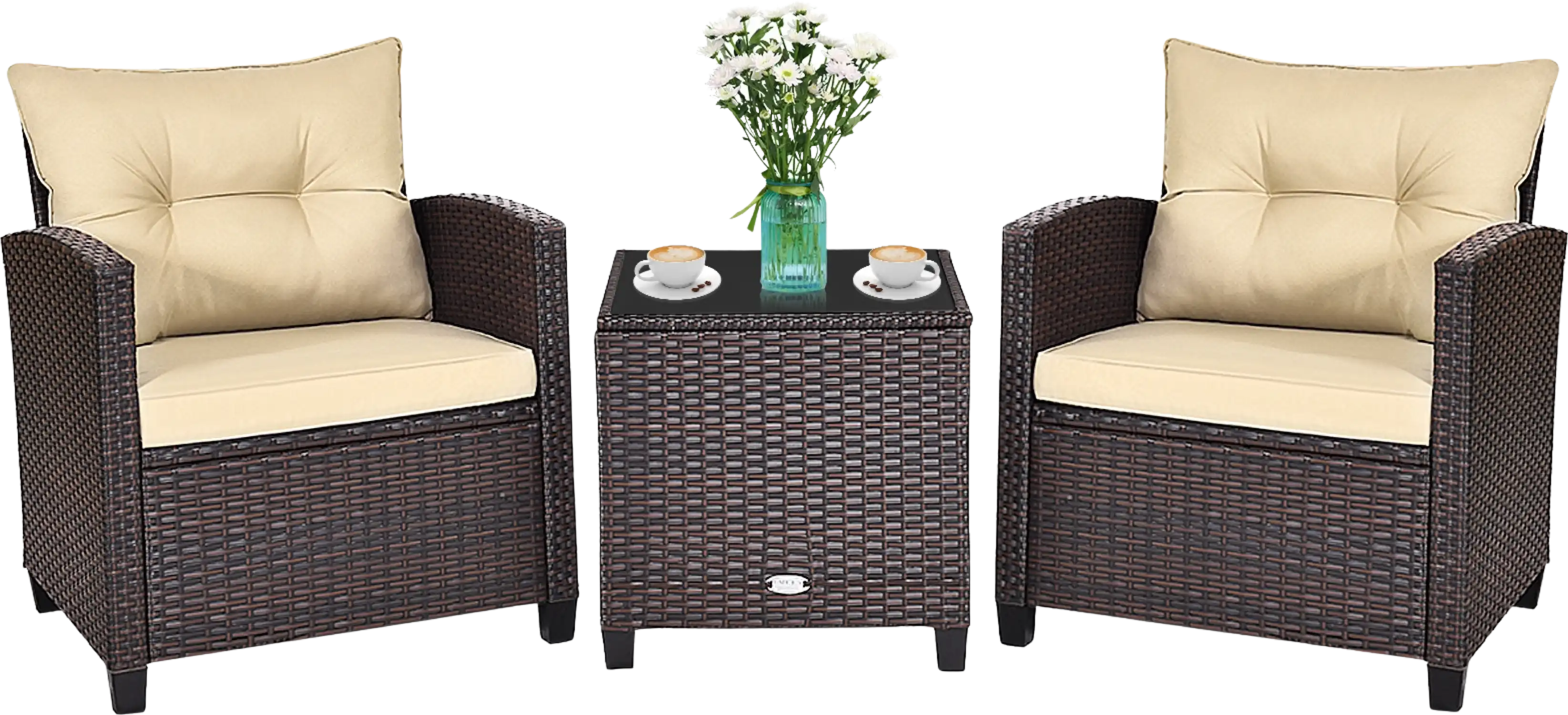 Costway Patio Furniture Set Rattan 3 Piece Washable Cushions Tempered Glass Tabletop 24607893 New