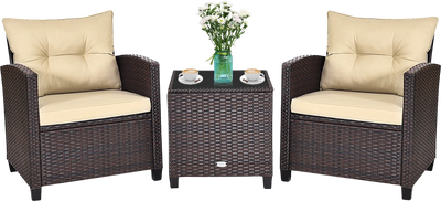 Costway Patio Furniture Set Rattan 3 Piece Washable Cushions Tempered Glass Tabletop 24607893 New