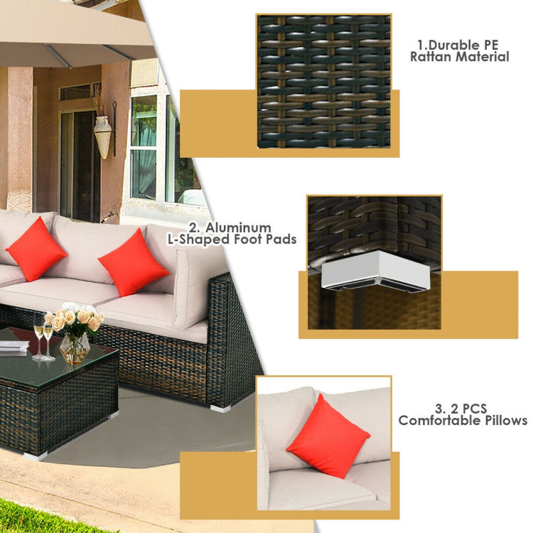 Costway Patio Furniture 5 PCS Rattan Sectional Set with Cushions Ottoman and Coffee Table New