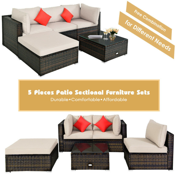 Costway Patio Furniture 5 PCS Rattan Sectional Set with Cushions Ottoman and Coffee Table New