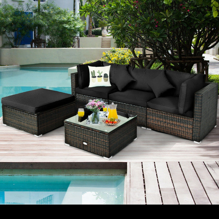 Costway Patio Furniture 5 PCS Rattan Sectional Set with Cushions Ottoman and Coffee Table New