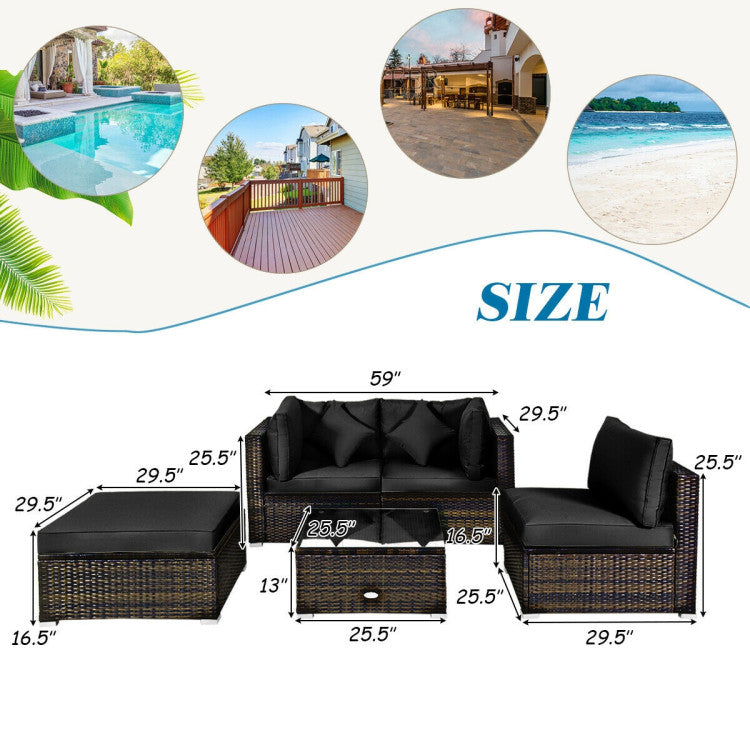 Costway Patio Furniture 5 PCS Rattan Sectional Set with Cushions Ottoman and Coffee Table New