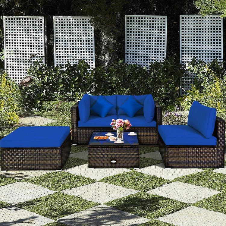 Costway Patio Furniture 5 PCS Rattan Sectional Set with Cushions Ottoman and Coffee Table New
