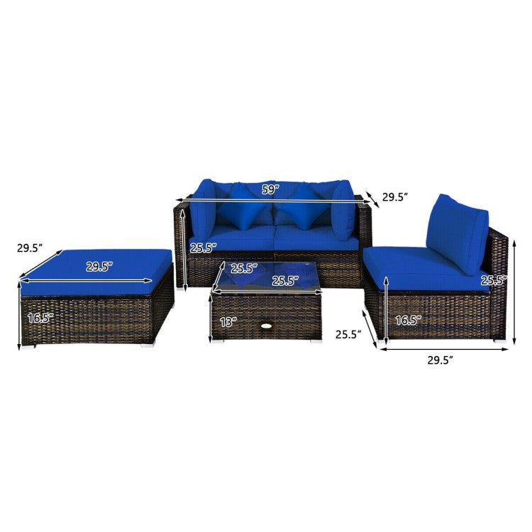 Costway Patio Furniture 5 PCS Rattan Sectional Set with Cushions Ottoman and Coffee Table New