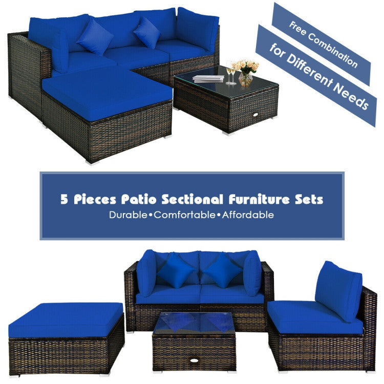 Costway Patio Furniture 5 PCS Rattan Sectional Set with Cushions Ottoman and Coffee Table New