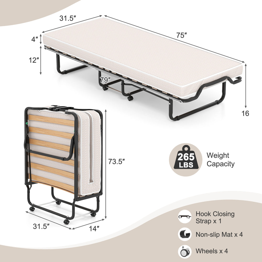 Costway Rollaway Folding Bed Memory Foam Mattress Steel Frame Wood Slats Lockable Buckles New