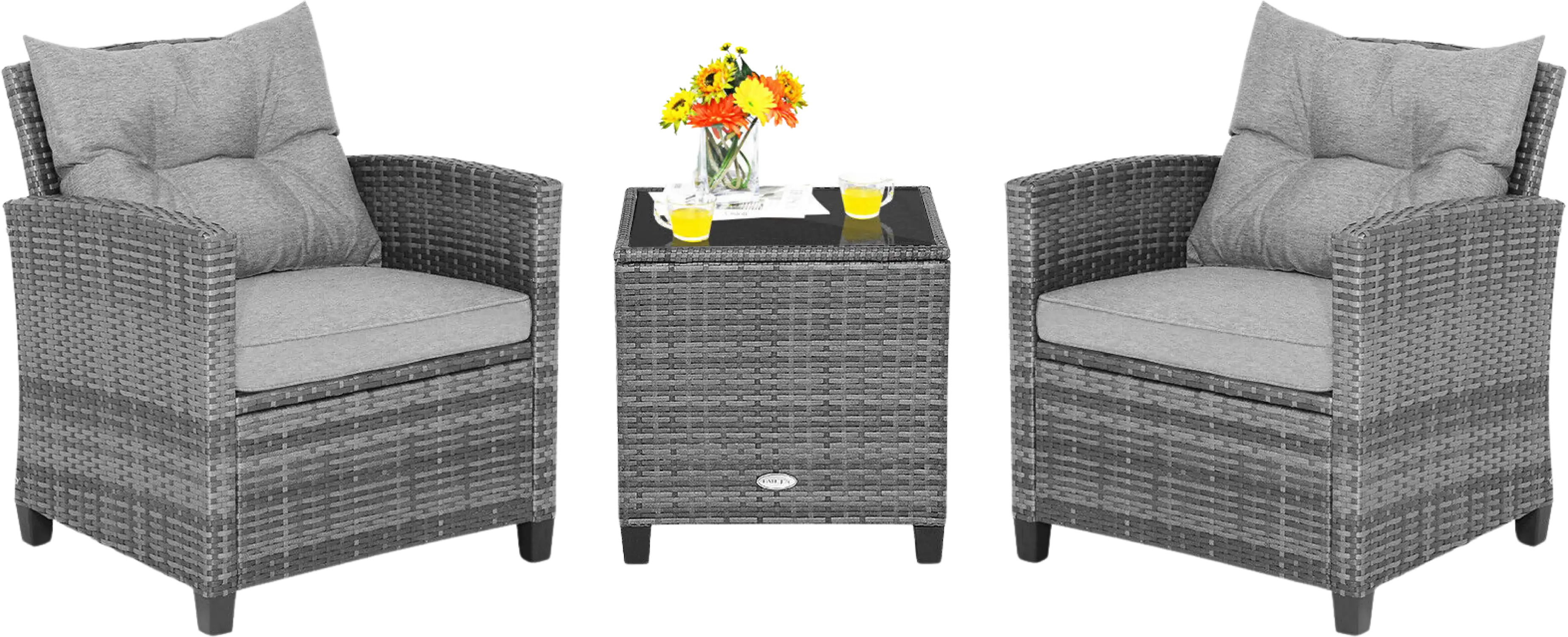 Costway Patio Furniture Set Outdoor Wicker 3 Piece Tempered Glass Tabletop 75693128 New