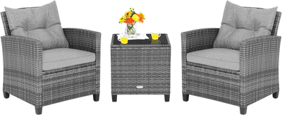 Costway Patio Furniture Set Outdoor Wicker 3 Piece Tempered Glass Tabletop 75693128 New