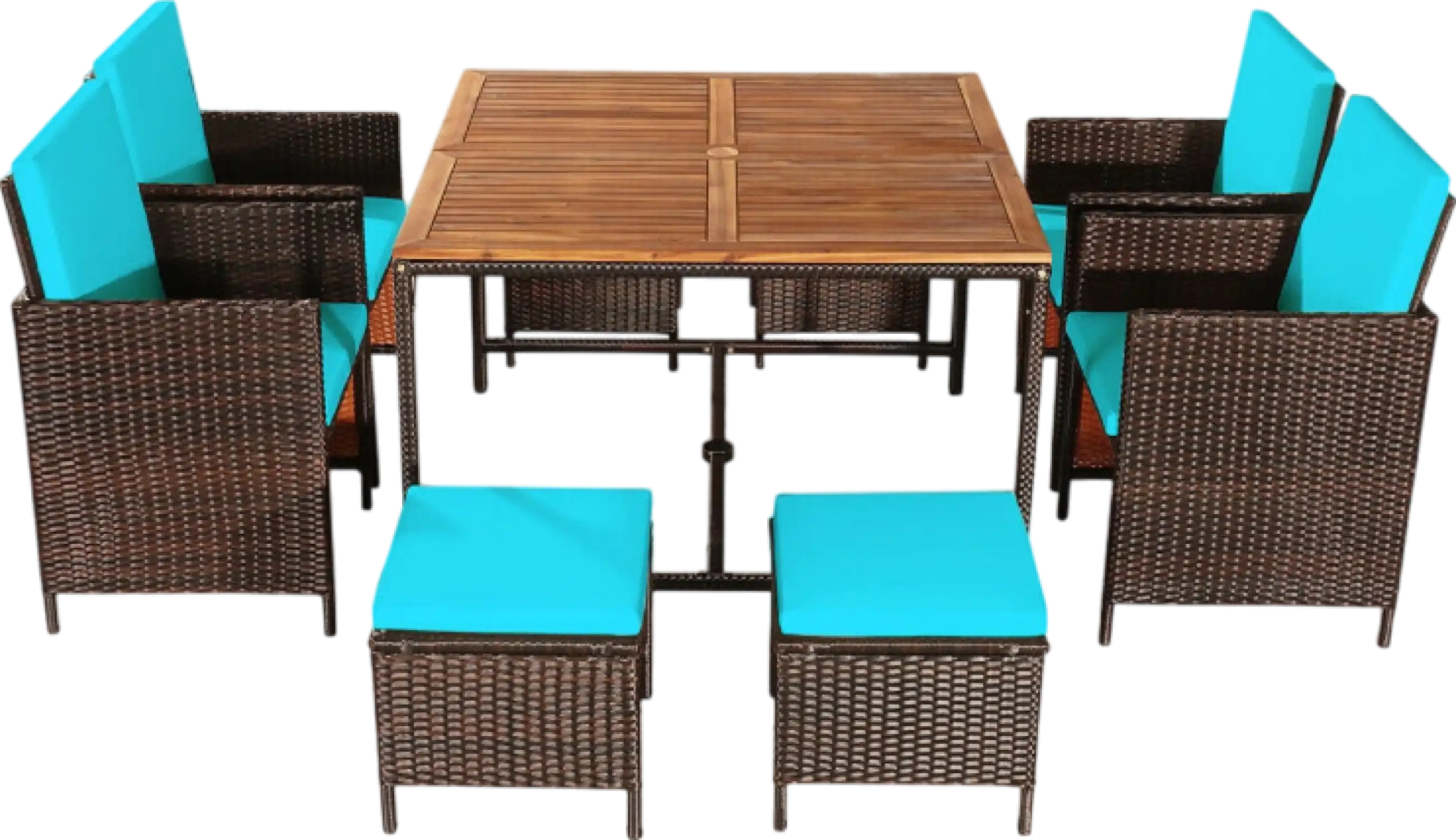 Costway Patio Furniture 9 PCS Rattan Dining Set with Acacia Wood Table and Cushioned Chairs New