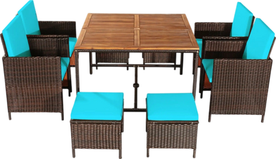 Costway Patio Furniture 9 PCS Rattan Dining Set with Acacia Wood Table and Cushioned Chairs New