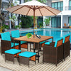 Costway Patio Furniture 9 PCS Rattan Dining Set with Acacia Wood Table and Cushioned Chairs New