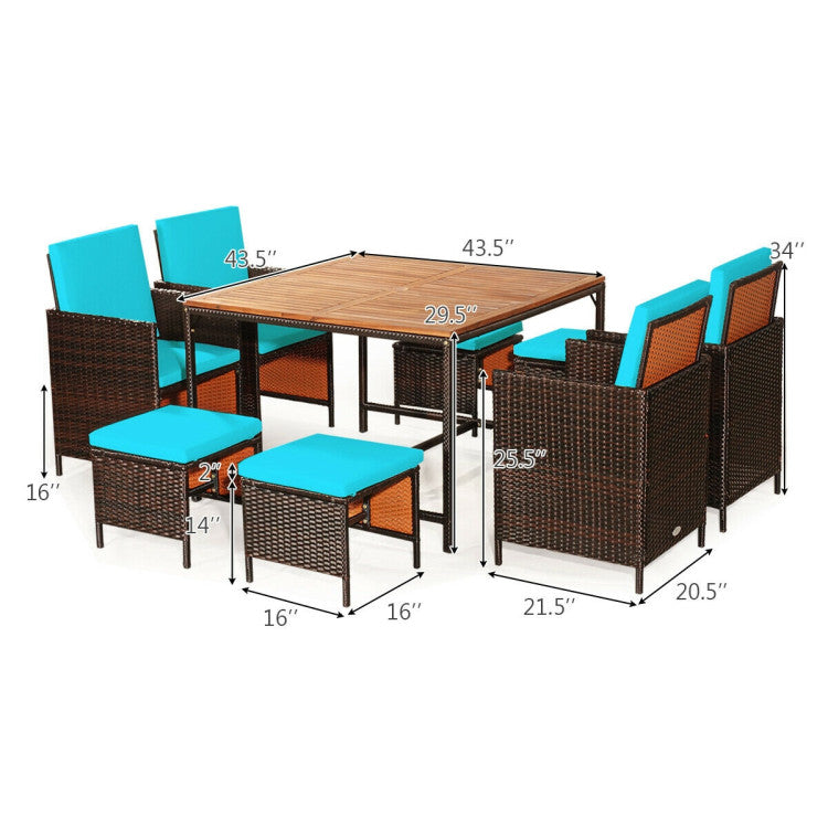 Costway Patio Furniture 9 PCS Rattan Dining Set with Acacia Wood Table and Cushioned Chairs New