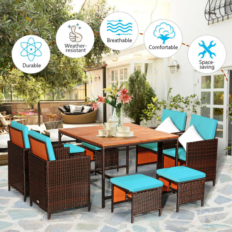 Costway Patio Furniture 9 PCS Rattan Dining Set with Acacia Wood Table and Cushioned Chairs New