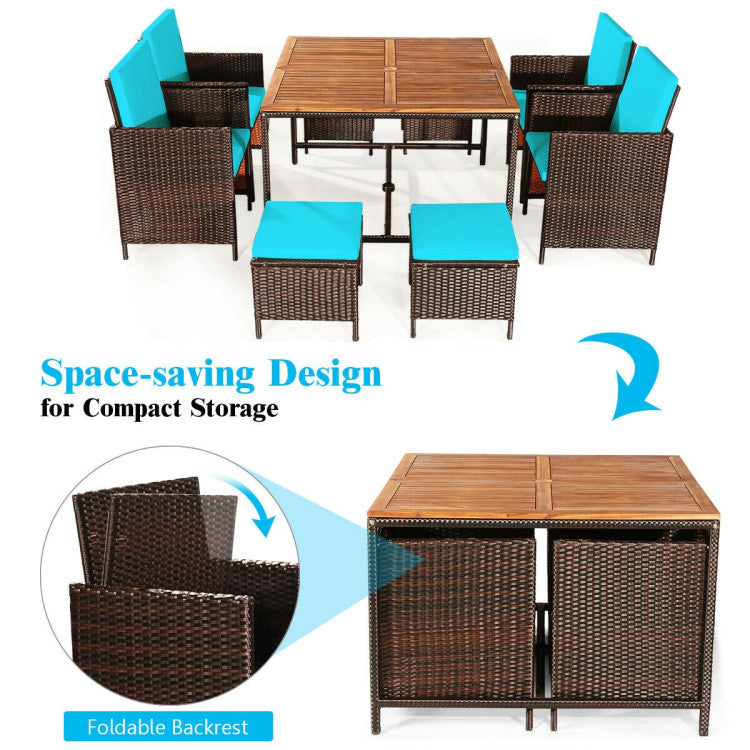 Costway Patio Furniture 9 PCS Rattan Dining Set with Acacia Wood Table and Cushioned Chairs New