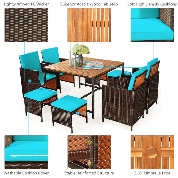 Costway Patio Furniture 9 PCS Rattan Dining Set with Acacia Wood Table and Cushioned Chairs New