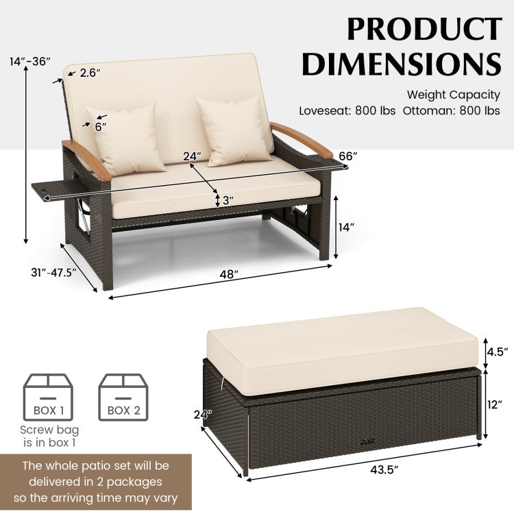Costway Patio Furniture Wicker 3-in-1 Convertible Daybed to Loveseat with Ottoman Storage New