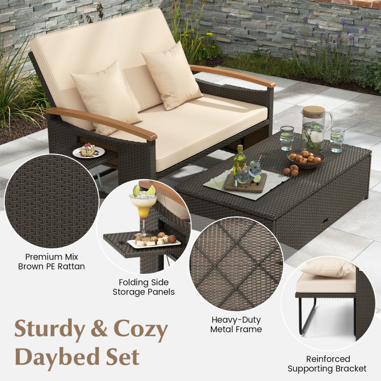 Costway Patio Furniture Wicker 3-in-1 Convertible Daybed to Loveseat with Ottoman Storage New