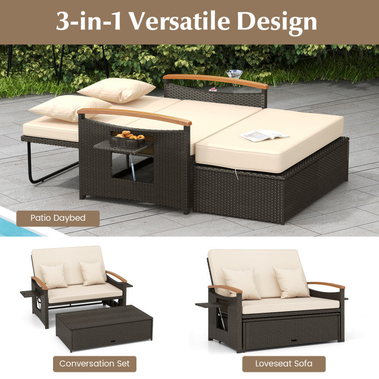 Costway Patio Furniture Wicker 3-in-1 Convertible Daybed to Loveseat with Ottoman Storage New
