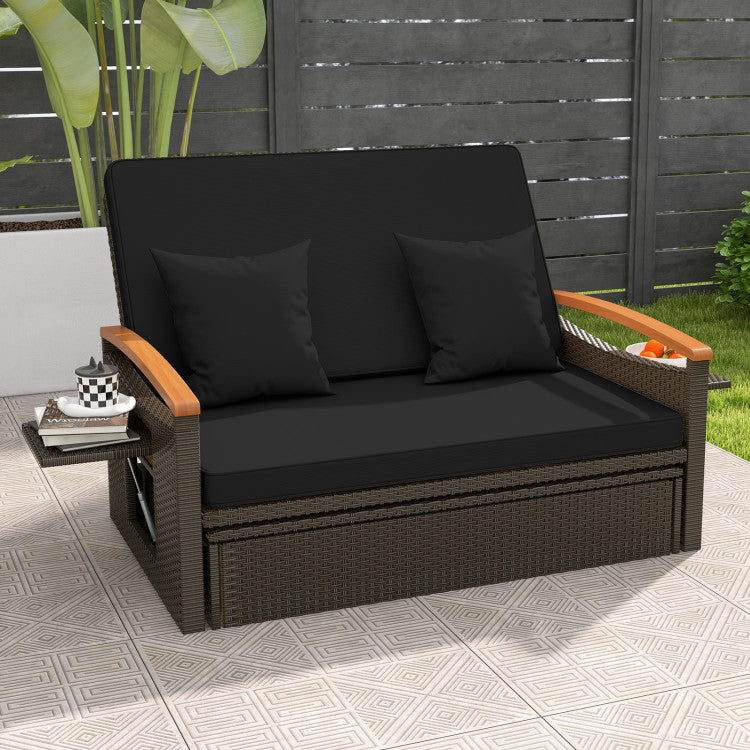 Costway Patio Furniture Wicker 3-in-1 Convertible Daybed to Loveseat with Ottoman Storage New