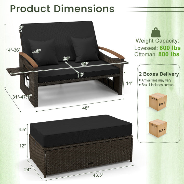 Costway Patio Furniture Wicker 3-in-1 Convertible Daybed to Loveseat with Ottoman Storage New