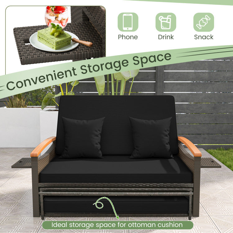 Costway Patio Furniture Wicker 3-in-1 Convertible Daybed to Loveseat with Ottoman Storage New