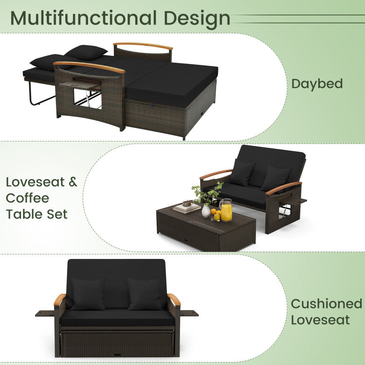 Costway Patio Furniture Wicker 3-in-1 Convertible Daybed to Loveseat with Ottoman Storage New