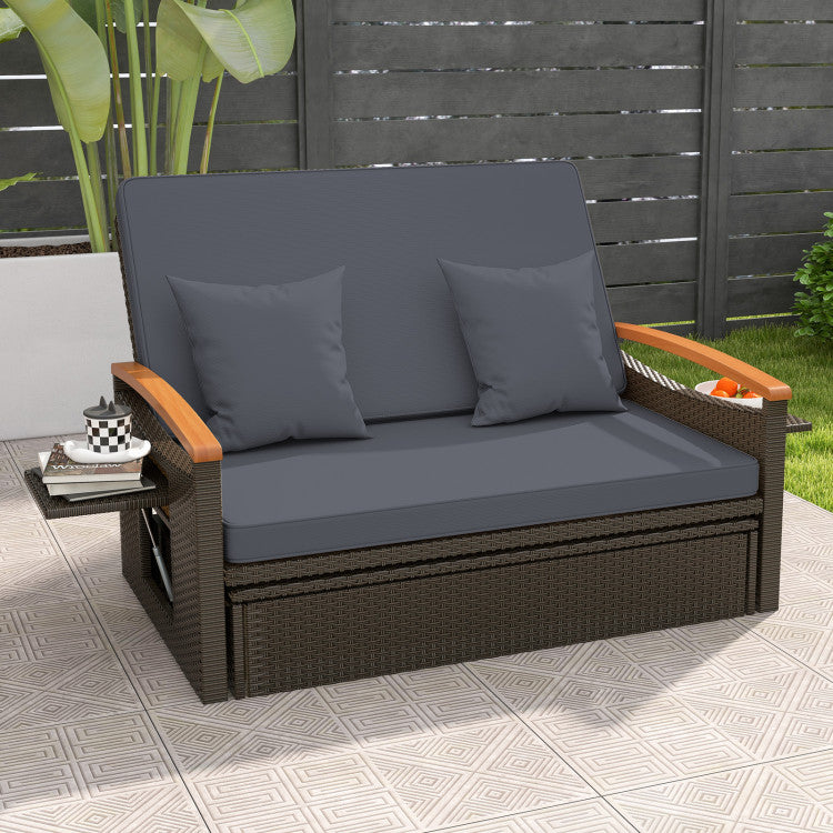 Costway Patio Furniture Wicker 3-in-1 Convertible Daybed to Loveseat with Ottoman Storage New