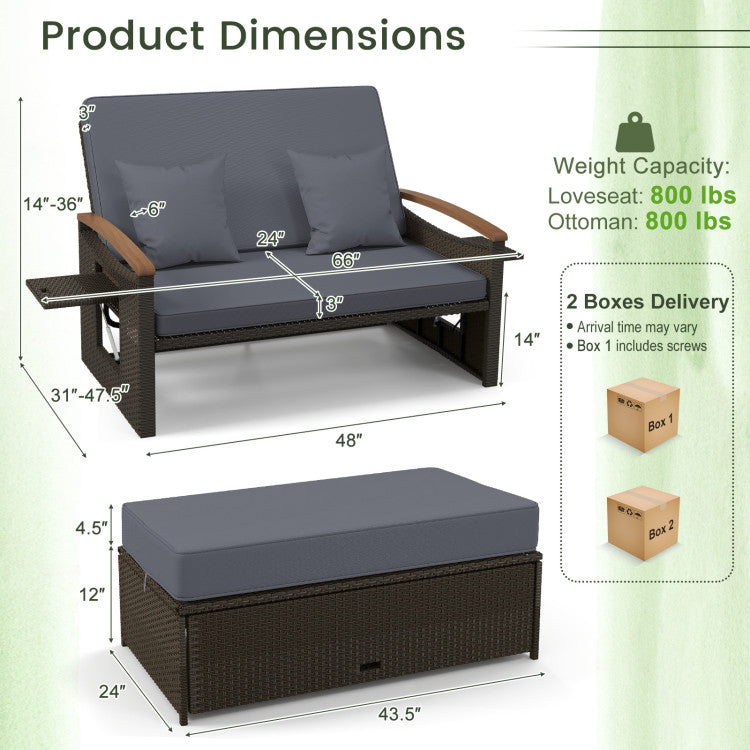 Costway Patio Furniture Wicker 3-in-1 Convertible Daybed to Loveseat with Ottoman Storage New