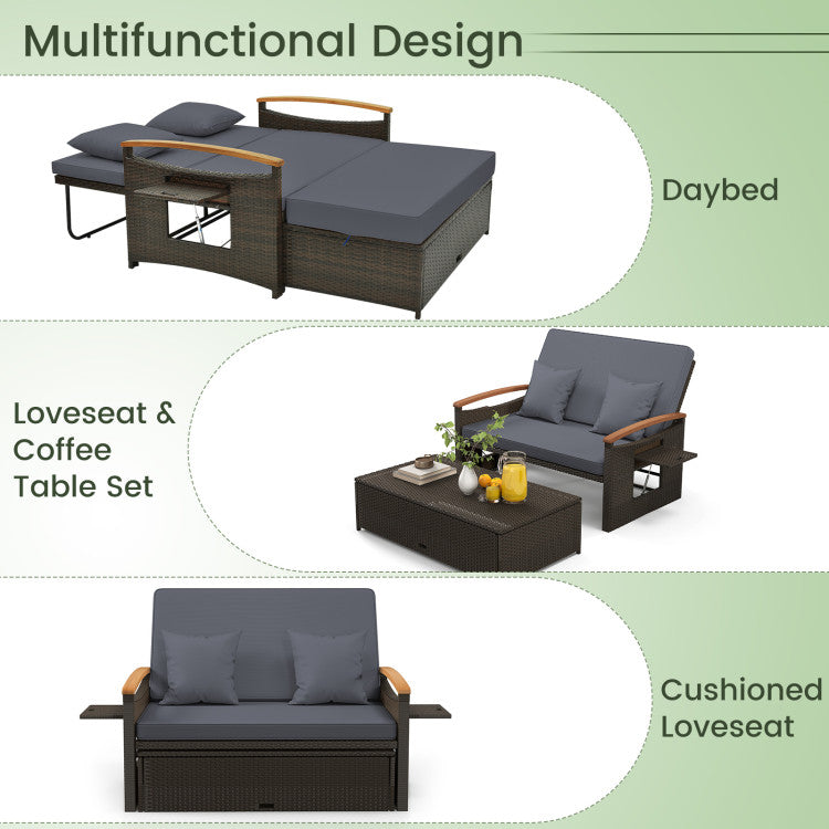 Costway Patio Furniture Wicker 3-in-1 Convertible Daybed to Loveseat with Ottoman Storage New