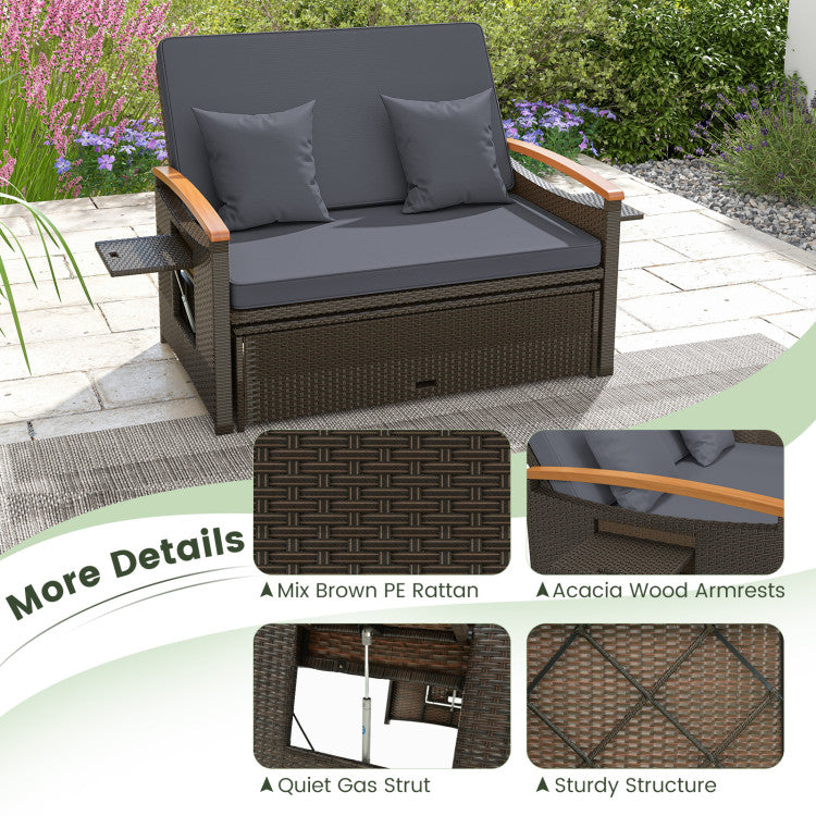 Costway Patio Furniture Wicker 3-in-1 Convertible Daybed to Loveseat with Ottoman Storage New