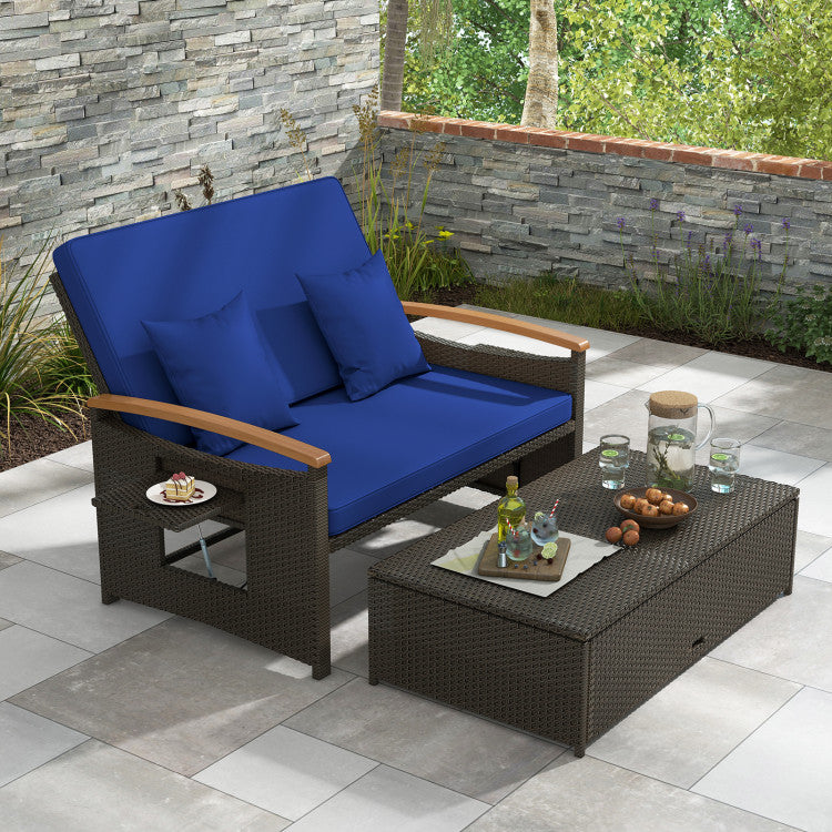 Costway Patio Furniture Wicker 3-in-1 Convertible Daybed to Loveseat with Ottoman Storage New