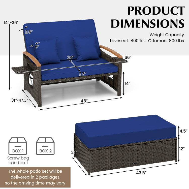 Costway Patio Furniture Wicker 3-in-1 Convertible Daybed to Loveseat with Ottoman Storage New