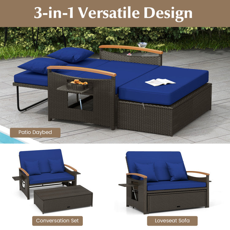Costway Patio Furniture Wicker 3-in-1 Convertible Daybed to Loveseat with Ottoman Storage New