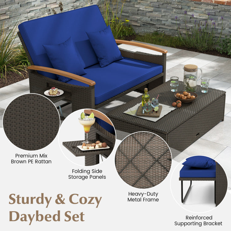 Costway Patio Furniture Wicker 3-in-1 Convertible Daybed to Loveseat with Ottoman Storage New