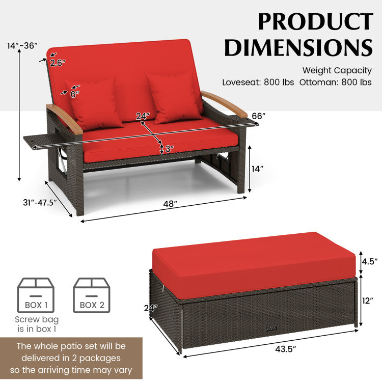 Costway Patio Furniture Wicker 3-in-1 Convertible Daybed to Loveseat with Ottoman Storage New
